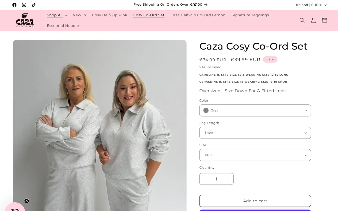 Caza Clothing product page for the Essential Co-Ord