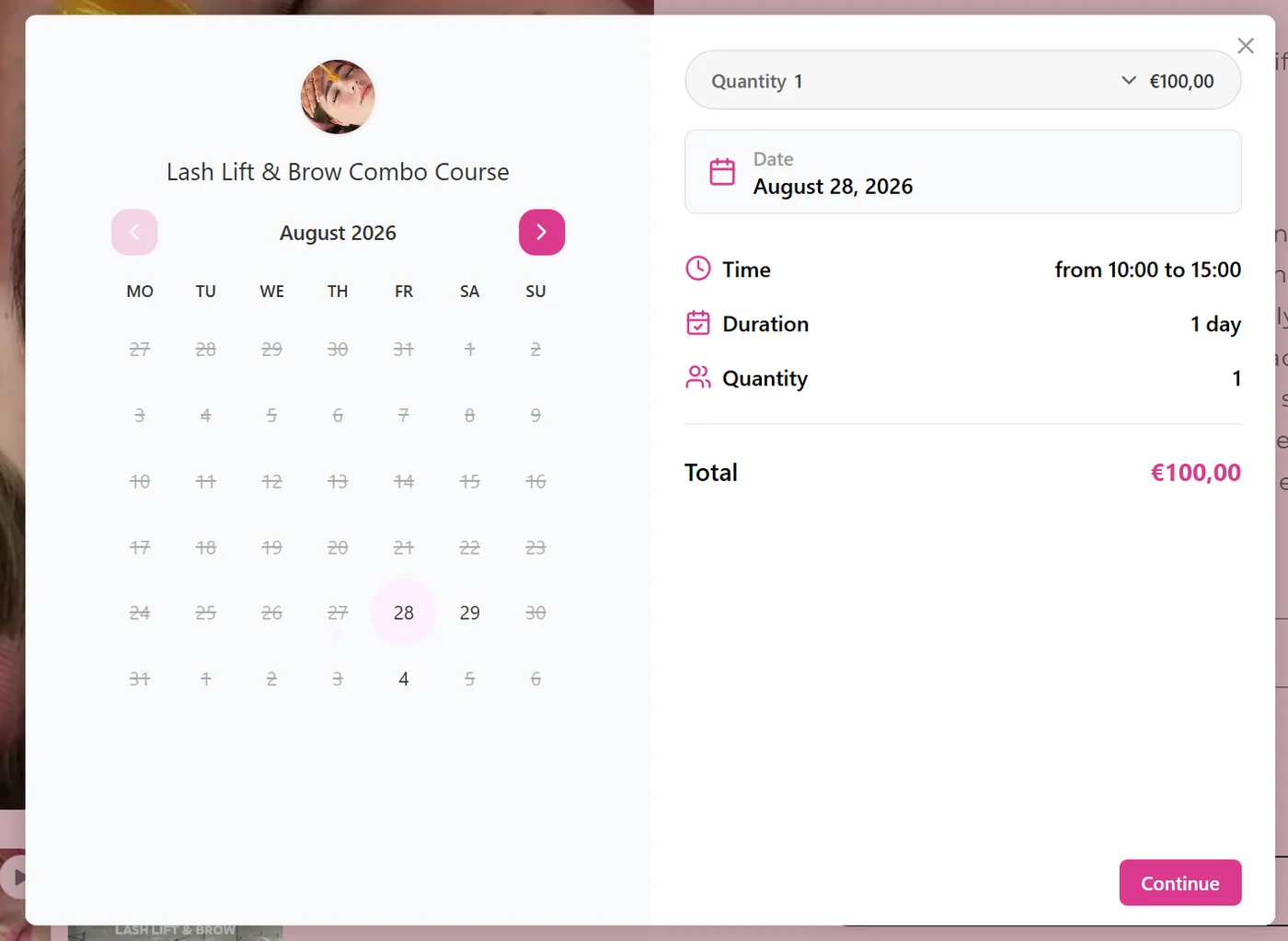 Customer-facing course booking date selection