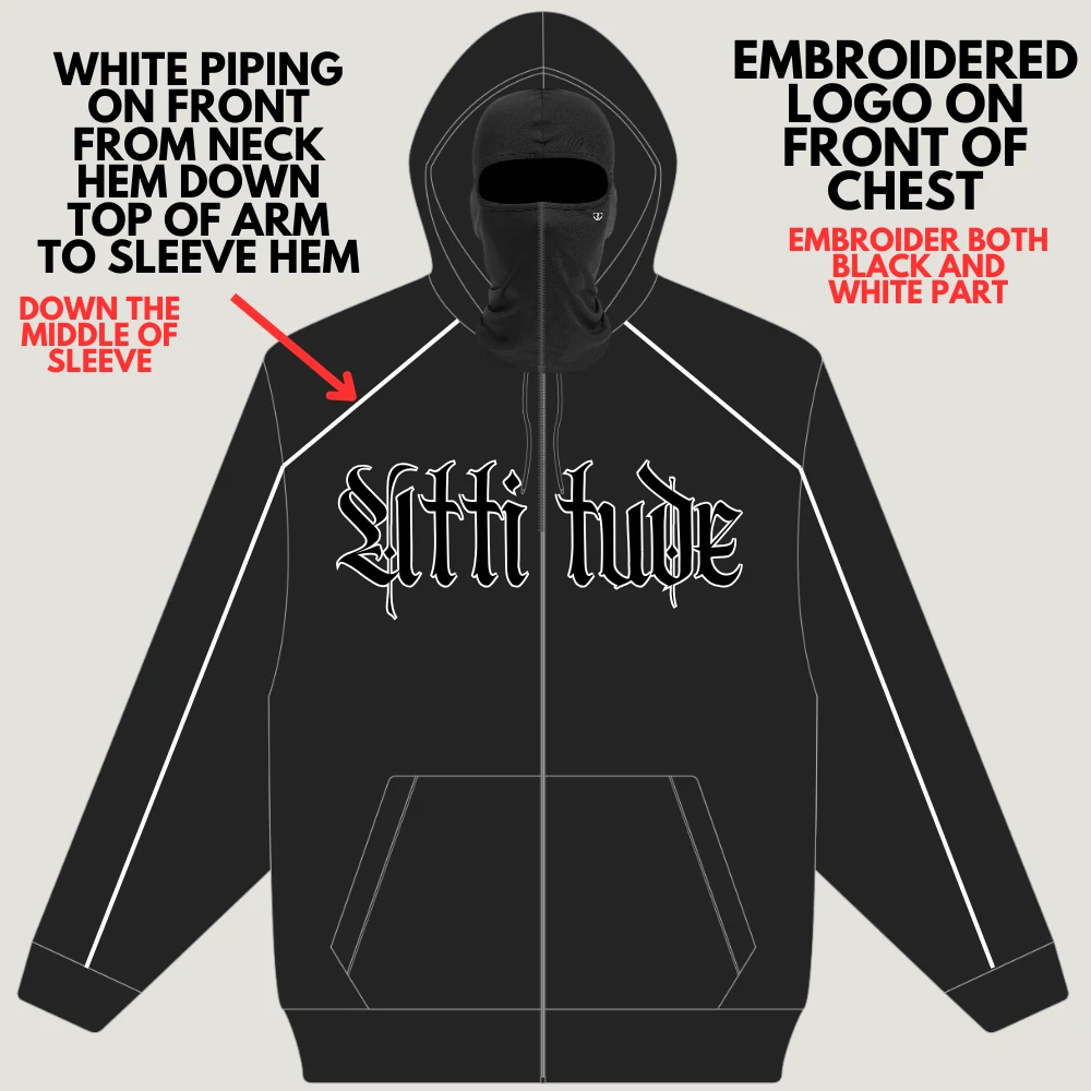 PWA Clothing zip hoodie front technical design sheet with embroidery and piping notes