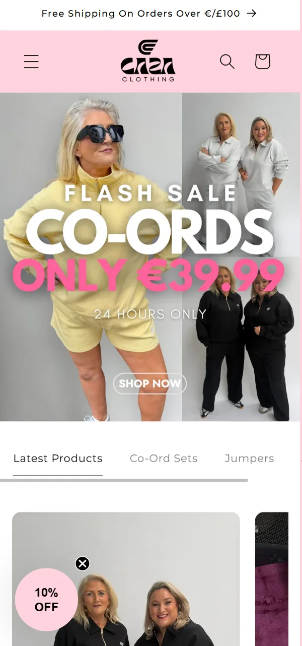 Current Caza Clothing storefront on mobile