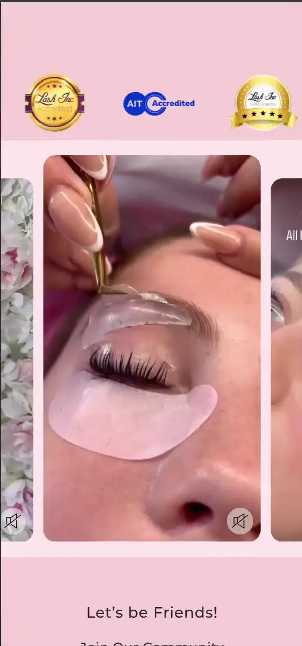 Lash Dolls mobile storefront showing accreditation and course content