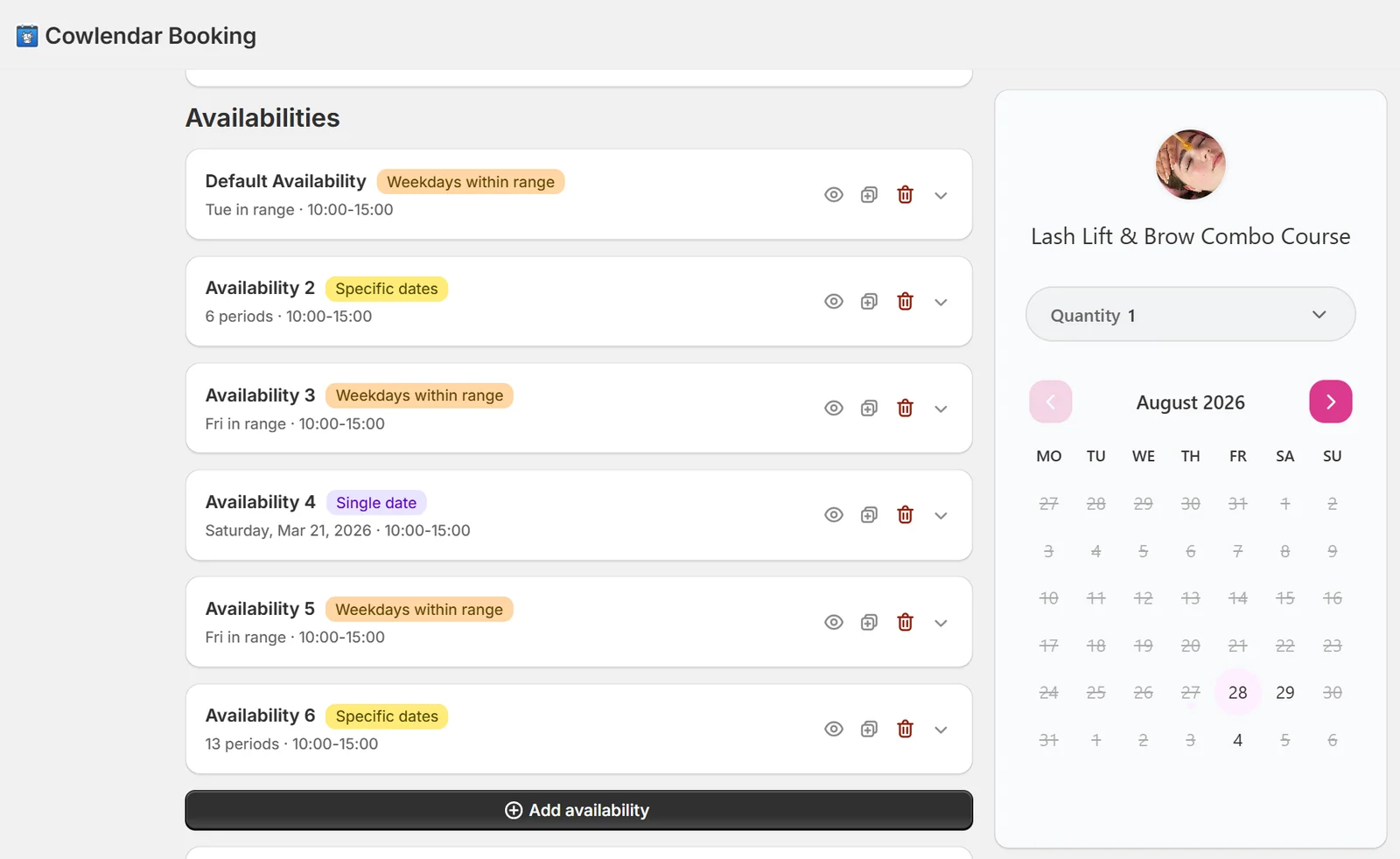 Course booking availability management screen