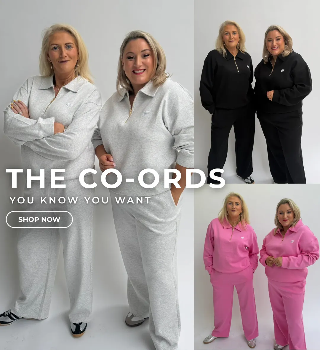 Caza Clothing co-ords social creative showing the grey, black and pink colourways